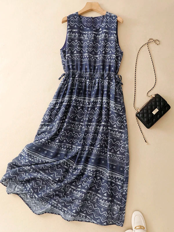 Bohemian Print Vest Dress Women's plus Size Elegant Skirt Casual A-Line Long Dress round Neckline Sleeveless Spring Summer